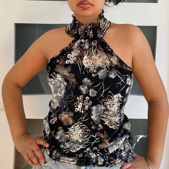 vintage black floral halter turtleneck top - Picture 2 of 4